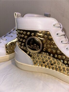 Christian Louboutin White Leather High-Top Sneakers with Gold Spike Panel